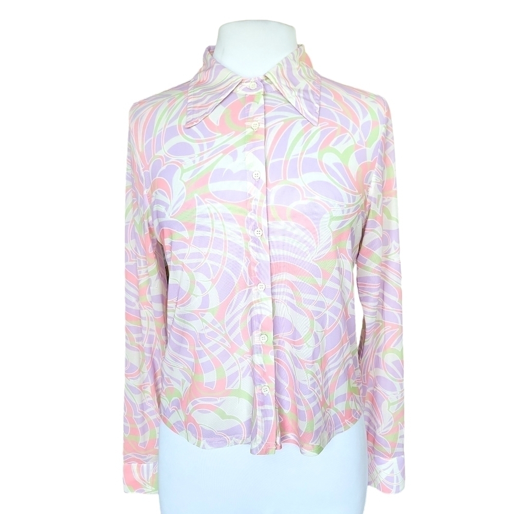 BP.  Button-up Mesh Shirt In Ivory Multi Roxie Abstract Women's Size S